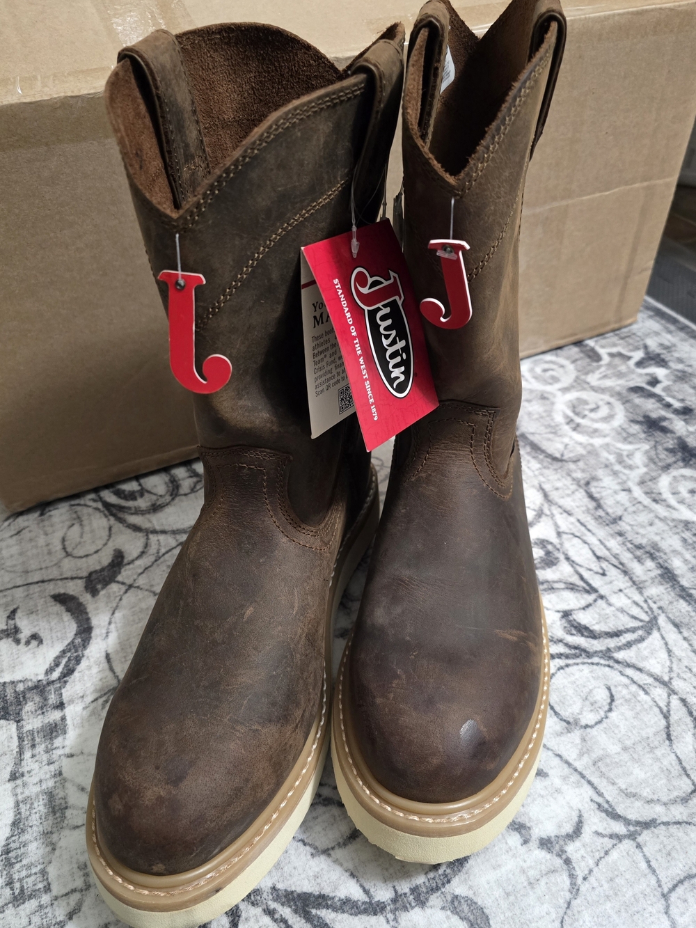 Justin Boots Brown Leather Cowboy Work Boots with Cream Soles